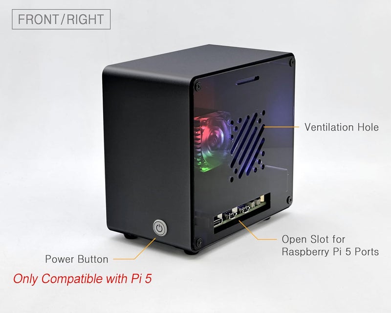 ElectroCookie Raspberry Pi 5 Case, Aluminum Mini Tower Case with Cooling Fan and Color Changing Ambient Light (Black) - Image 3